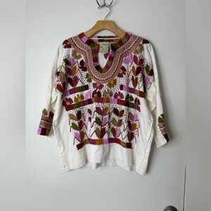 El interior folk art clothing multi color Cotton embroidered short sleeve top M